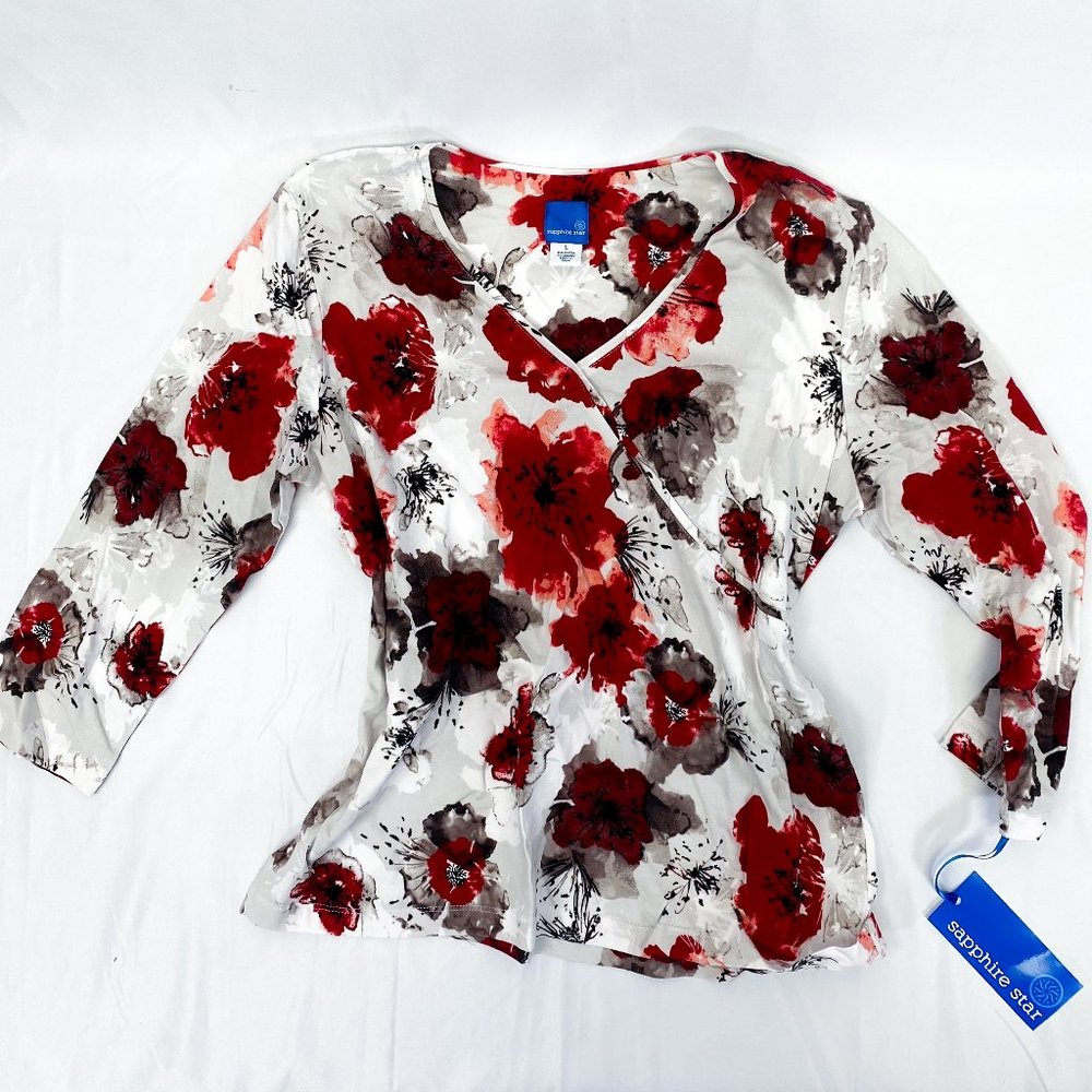 Whimsical Women's Floral Top Sapphire Star V-Neck Shirt NEW
